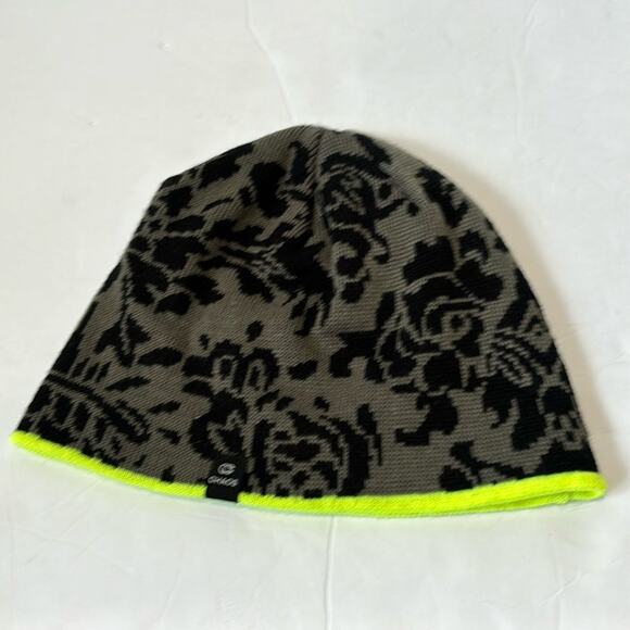 Chaos Super Soft Beanie Black Floral Pattern on Gray Trimmed in Neon Green - Picture 3 of 6